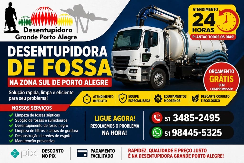 Desentupidora de fossa na zona sul de Porto Alegre com atendimento 24h, limpeza completa e orçamento grátis. Ligue e resolva hoje mesmo.